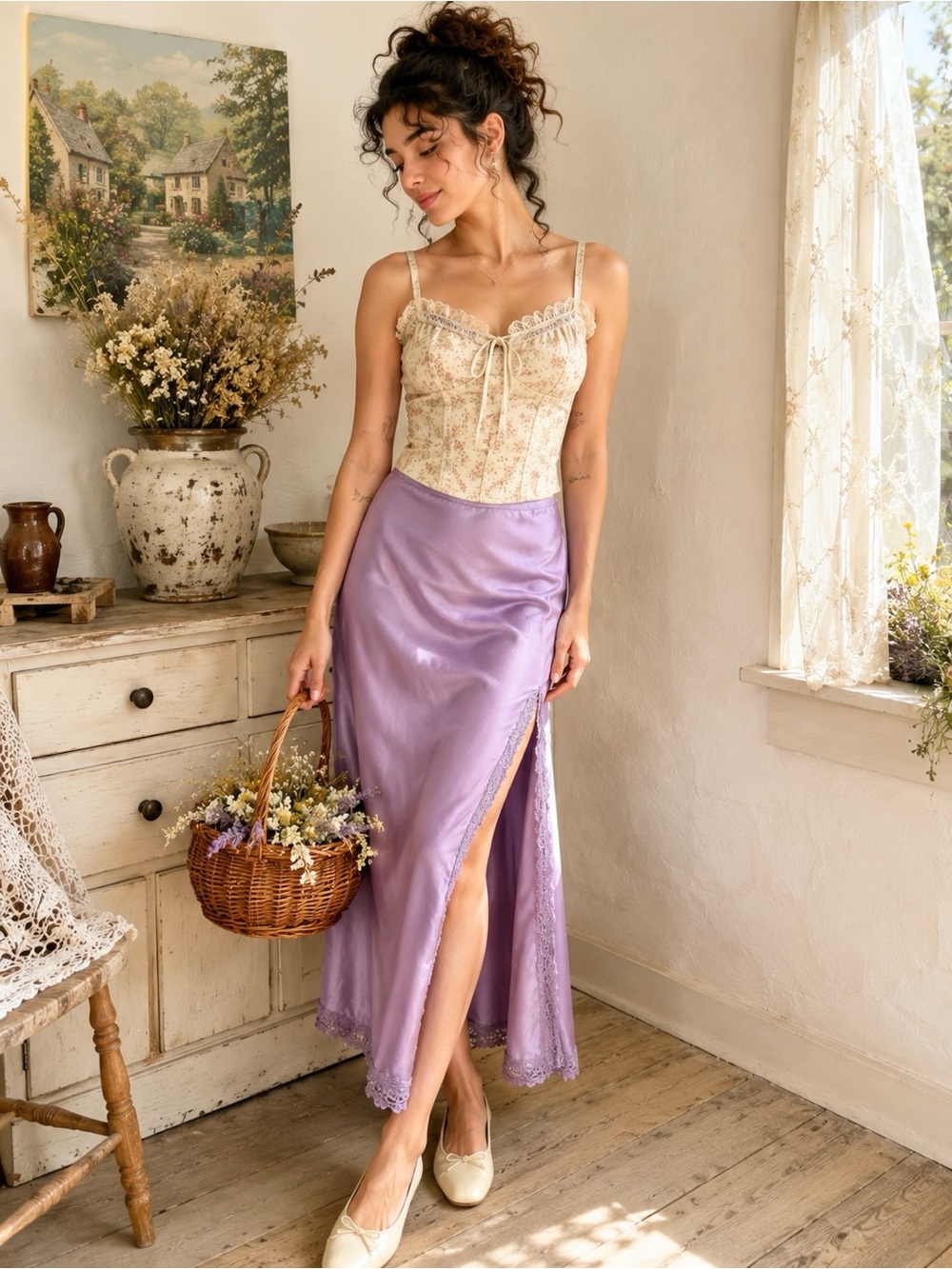 Wild Fable Purple Satin Lace Trim Midi Skirt Size S cottagegore fairygore